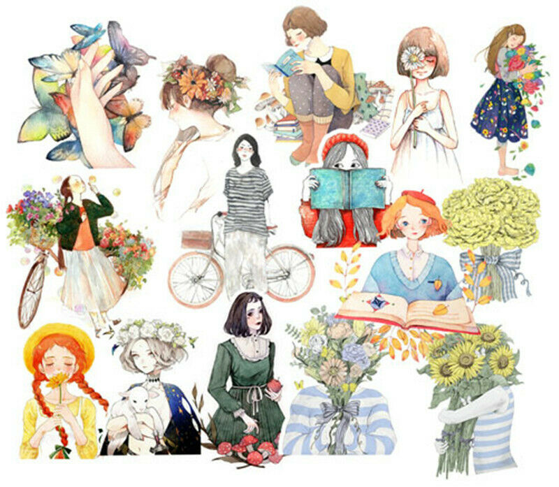 15Pcs Scrapbooking Stickers Flower Girl Diary Phone Case Epoxy Making Decoration