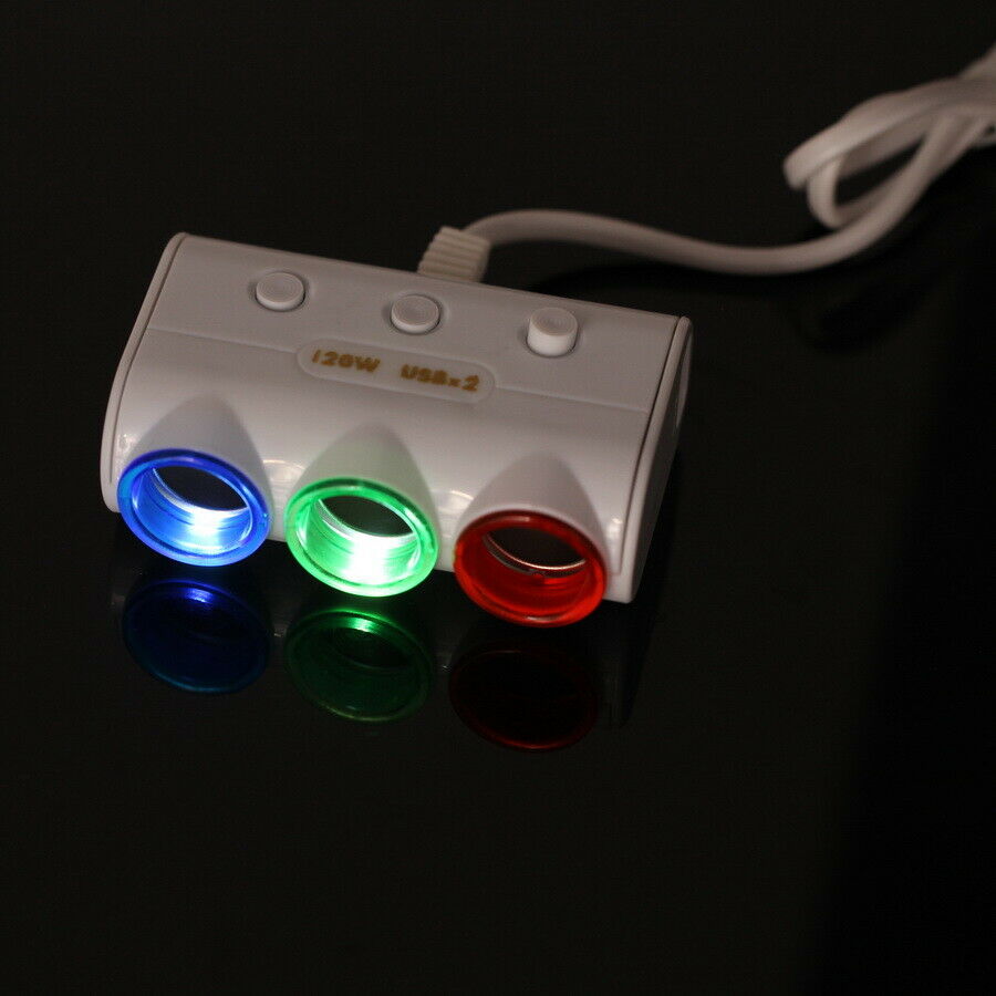1 x 3 Way 120W White Car USB Cigarette Lighter Socket Splitter Charger Adapter