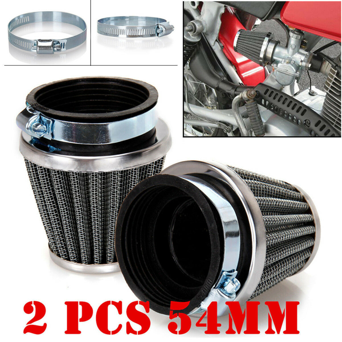 2Pcs Motorcycle Cafe Racer 54mm High Flow Tapered Chrome Pod Air Filter Cleaner
