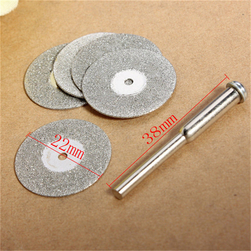 5PCS 22mm Emery Diamond Coated cutting blades Discs +1 Mandrel Drill Bit Tool