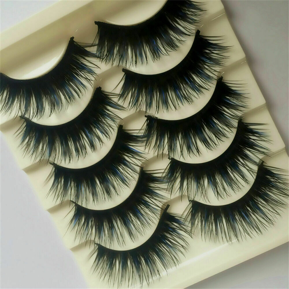 5 Pairs Blue+Black Handmade Long Thick Cross False Eyelashes Makeup Eye Lashes ~
