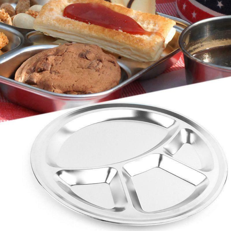 4pcs Stainless Steel 4 Sections Round Divided Plate Dish Snack Dinner Tray Lunch