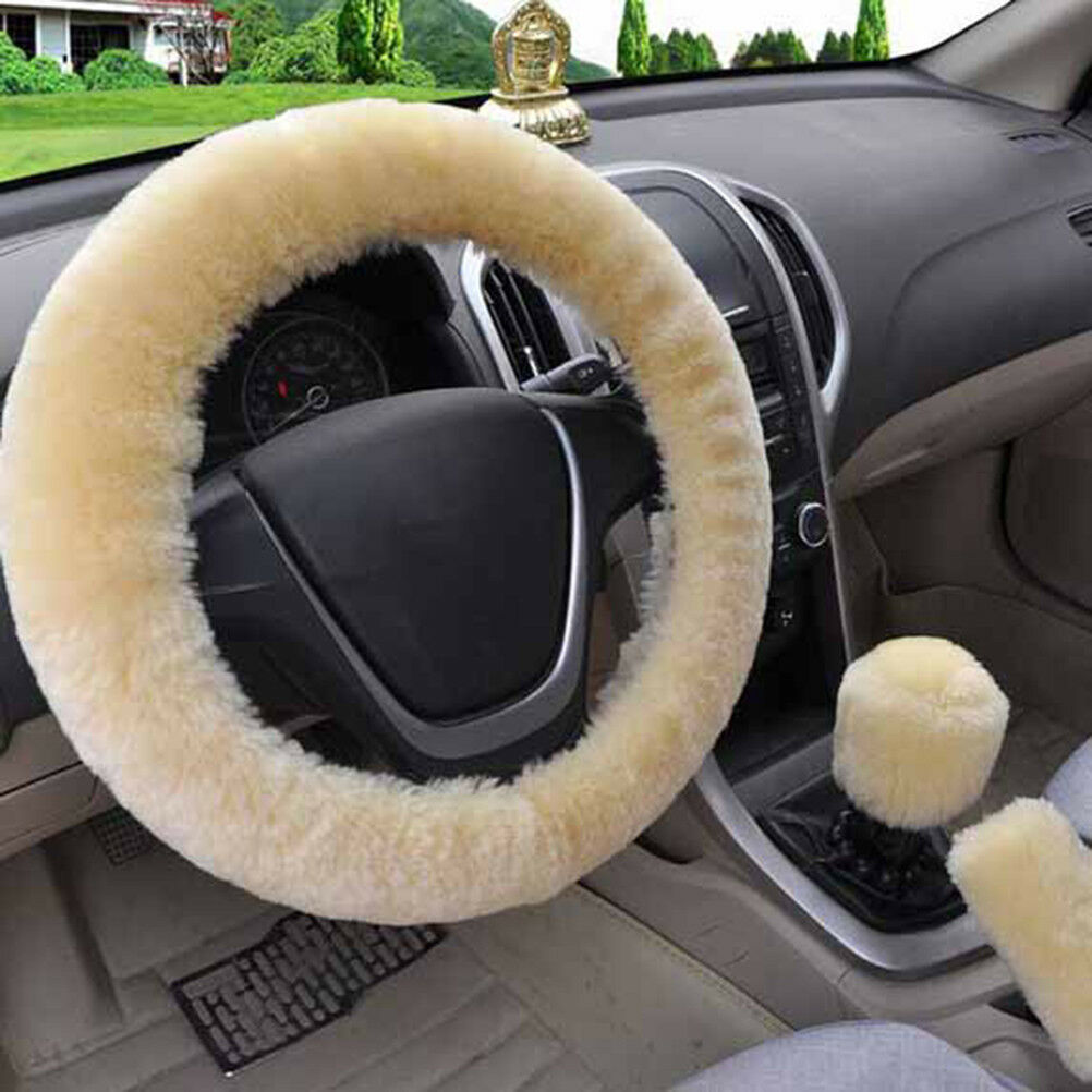 3Pcs Winter beige soft warm plush car steering wheel cover handbrake cover Qx