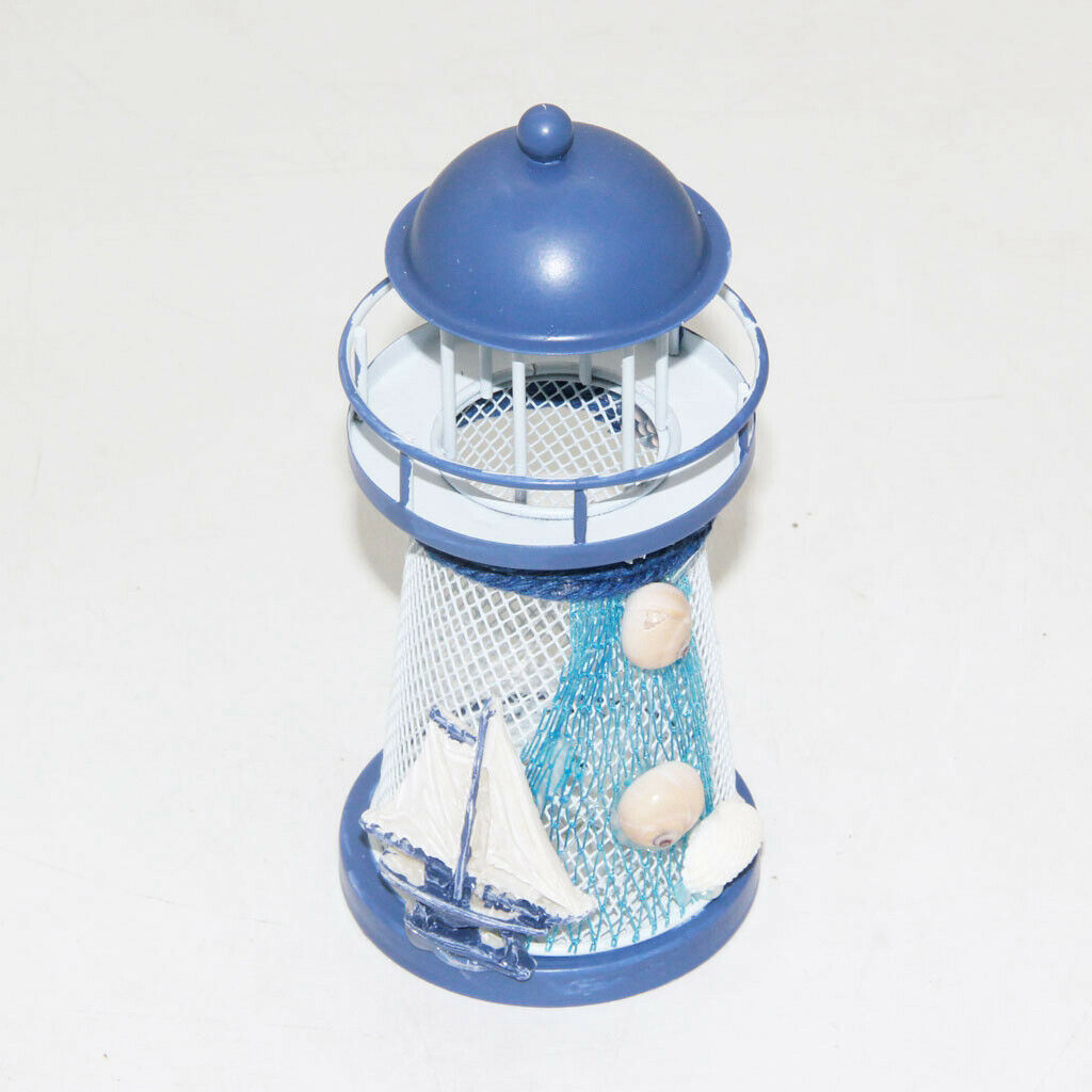Mediterranean Lighthouse Iron Candle Light Sailing Blue White Table Decor
