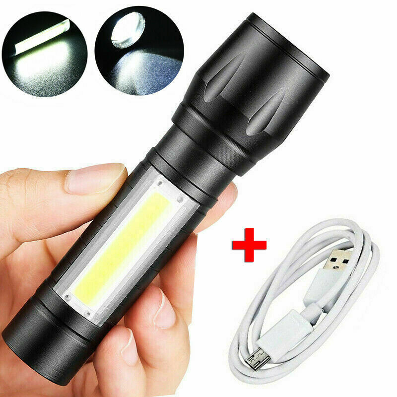New T6 COB Zoomable Light Lamp Torch with LED Flashlight USB Rechargeable