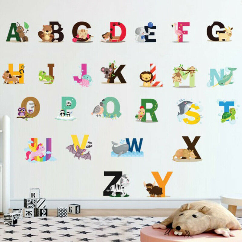 Cartoon Jungle Wild 26 Letters Alphabet Animals Wall Stickers for Kids Ro.l8