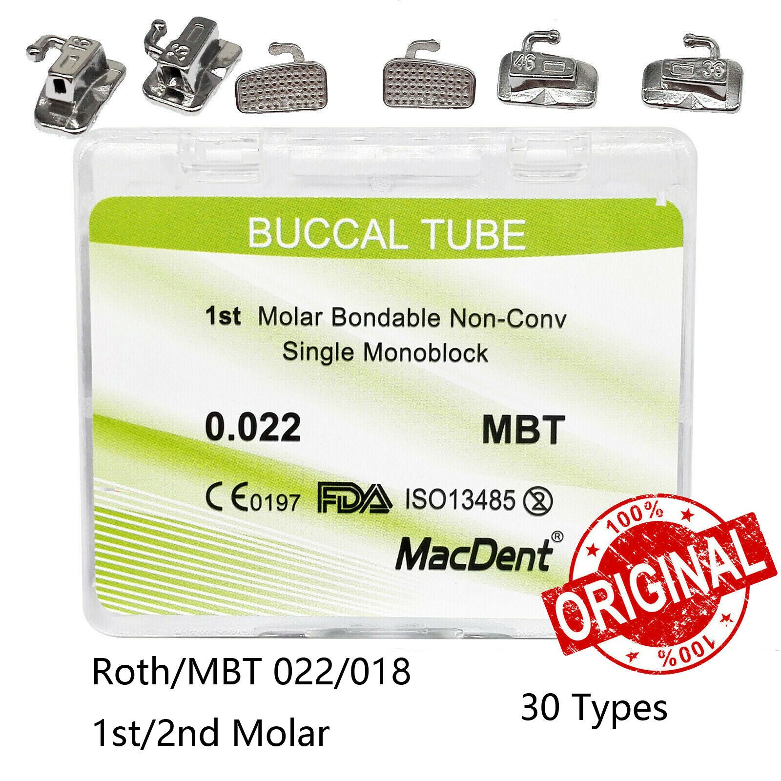10X Dental Orthodontic Brackets Metal Mini MBT 022 Hook 345 +1 Pack Buccal Tube