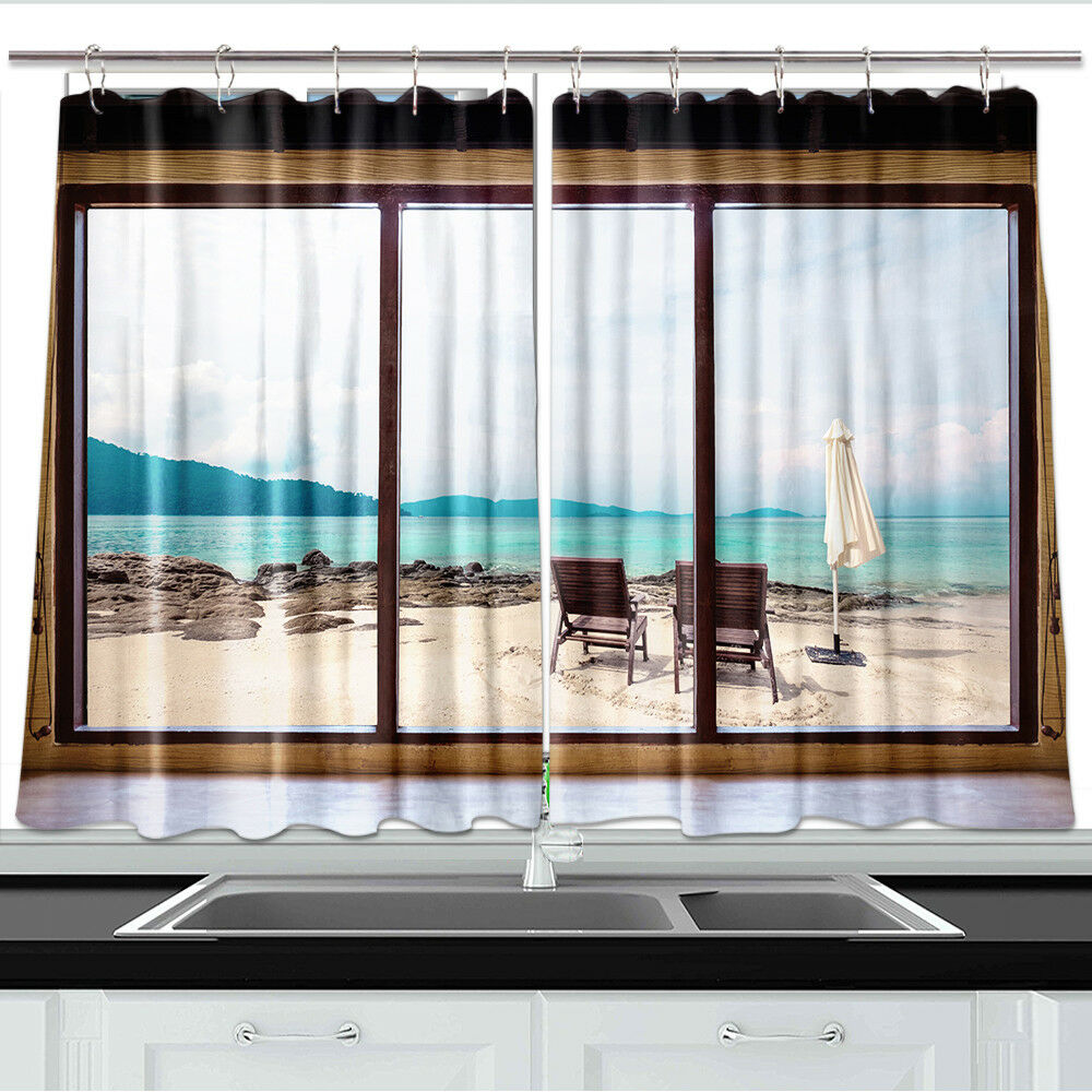 Tropical Beach View Window Curtain Treatments Kitchen Curtains 2 Panels 55X39"