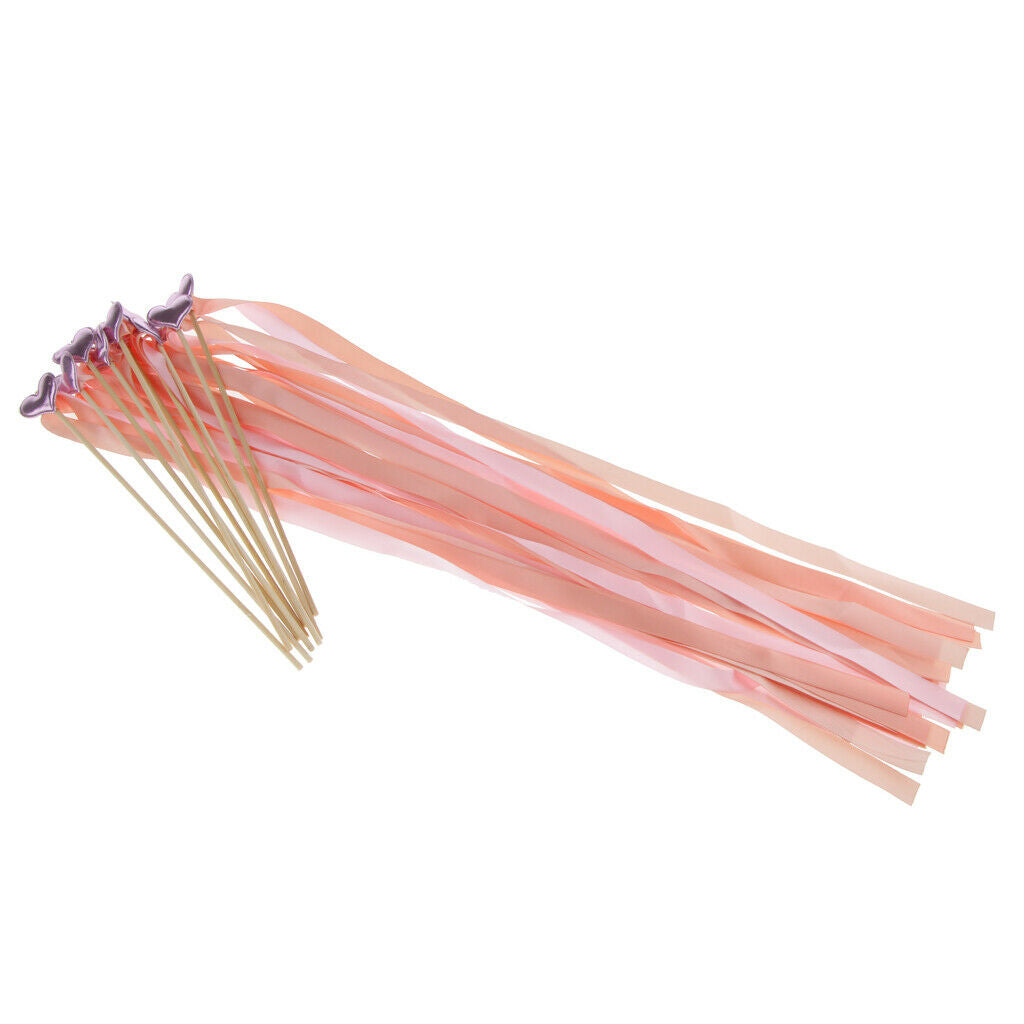 10 Pieces Wedding Twirling Stream Ribbon Sticks Wands with Heart Ribbon A5