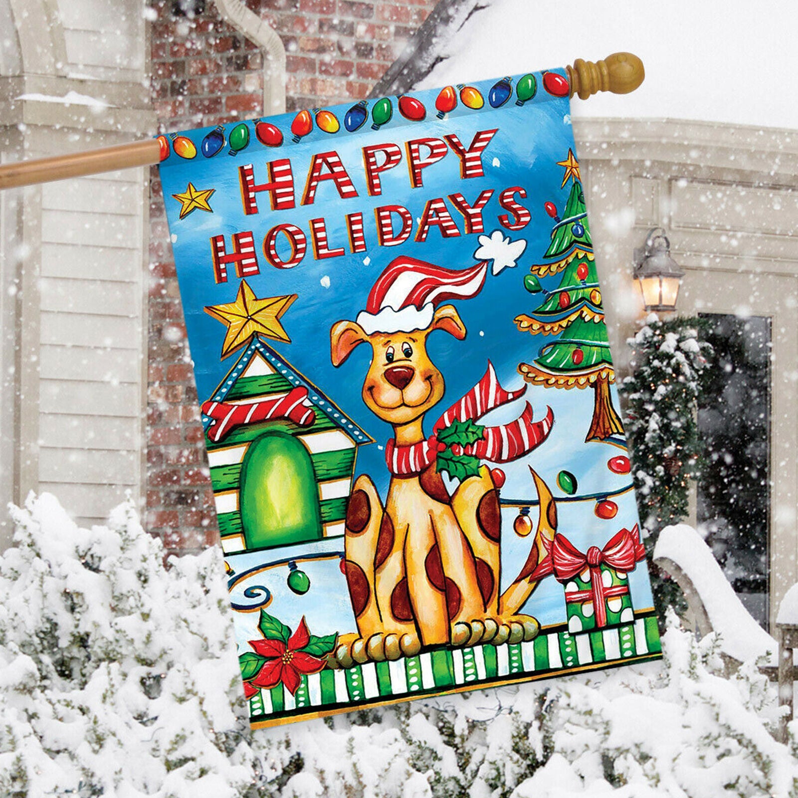 Happy Holidays Dog House Flag Christmas Puppy Humor 28" x 40" Briarwood Lane New