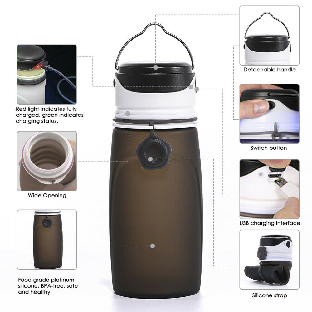 Collapsible Silicone Water Bottle Outdoor Sport Travel Hiking With Flash Light
