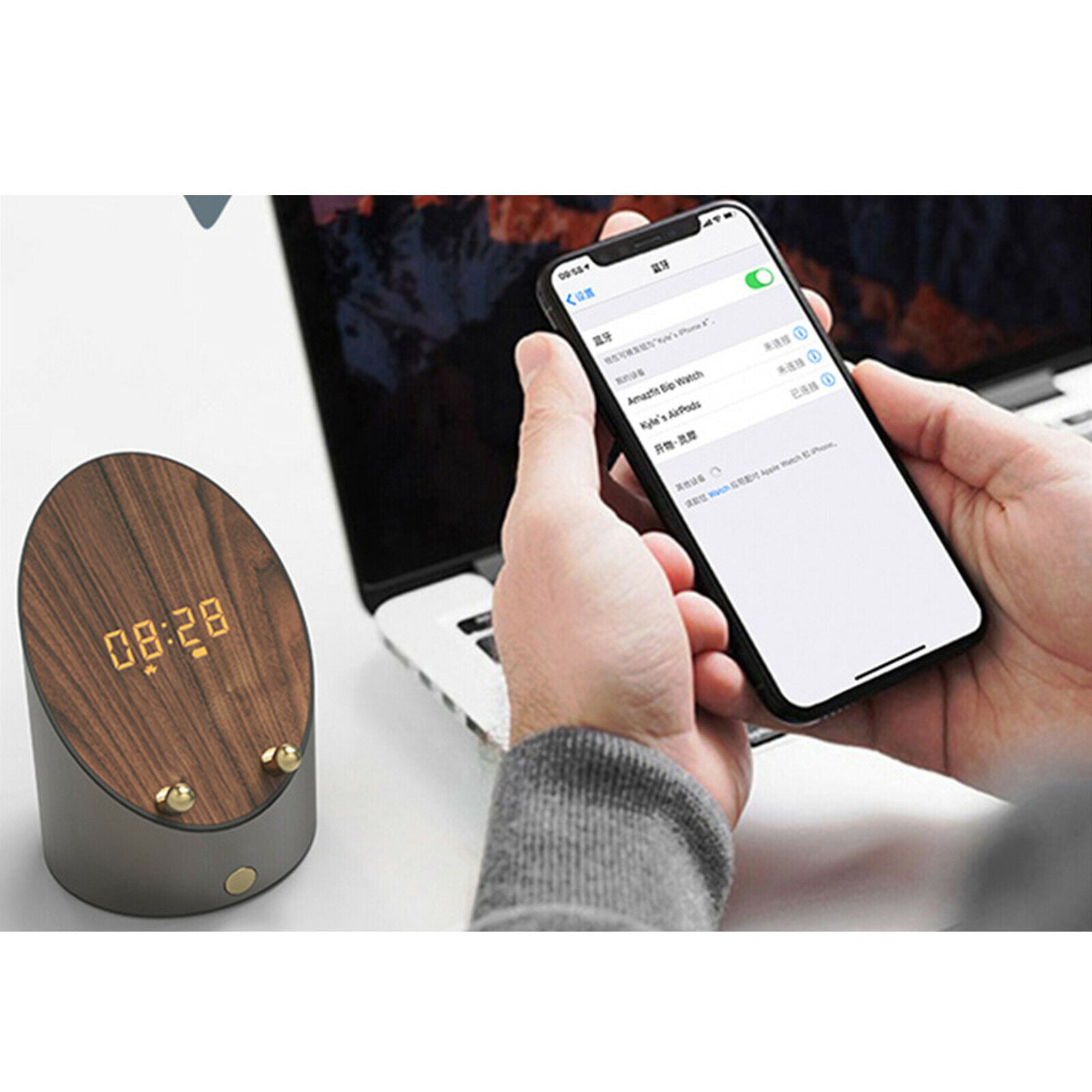 Wireless Speakers Cell Phone Stand Portable Clock Function Wood Screen