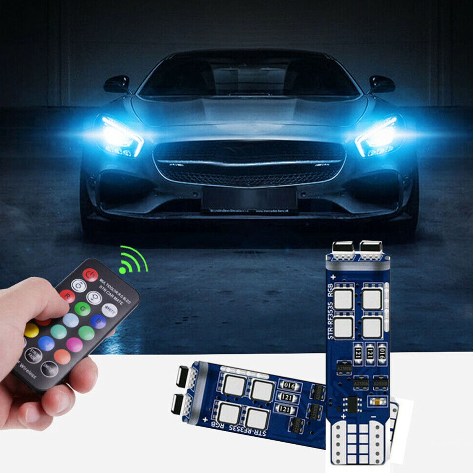 Multi-Color RGB 168 194 T10 LED Bulbs w/RF Remote Control For Car Parking Lights