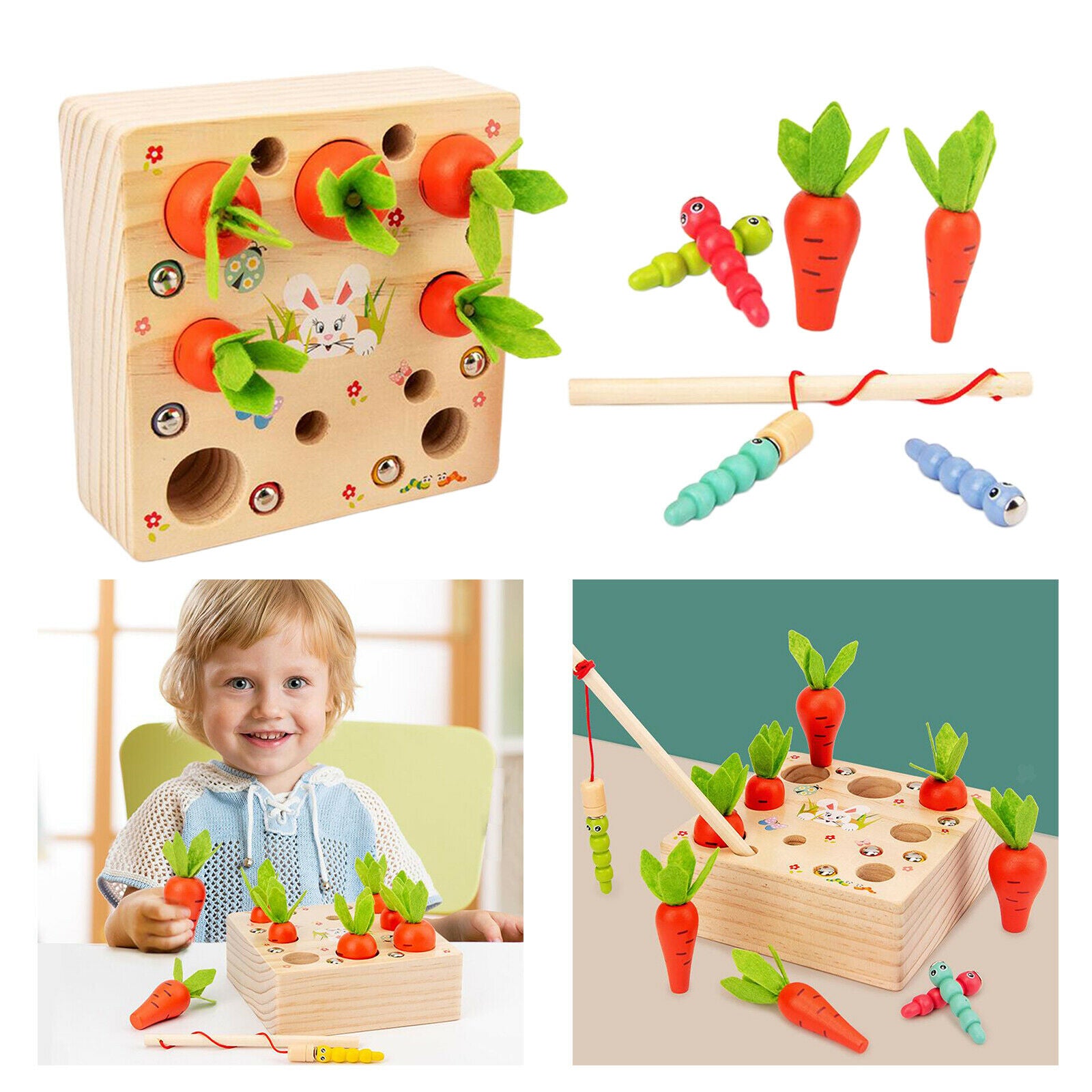 Wooden Montessori Toys, Carrots Harvest Shape Size Sorting Worm Catching