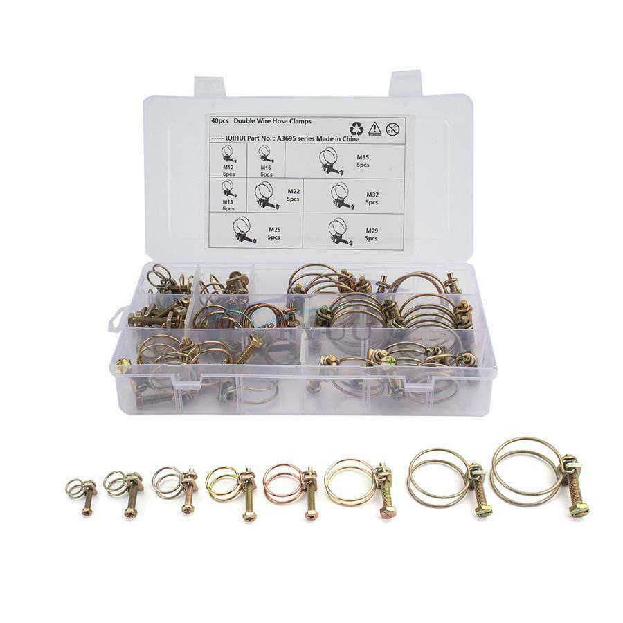 40 Pieces/ Set Adjustable Double Wire Hose Clamps Screw Bolt Fasteners Universal