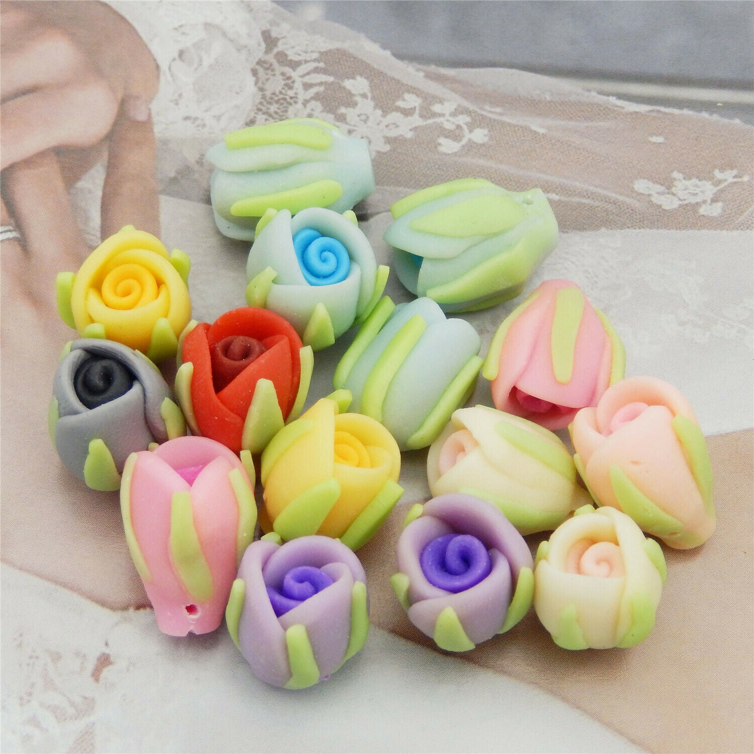 10PCS Bulk Polymer Clay Rose Flower Bead Bracelet Necklace Jewelry Craft 12x16mm