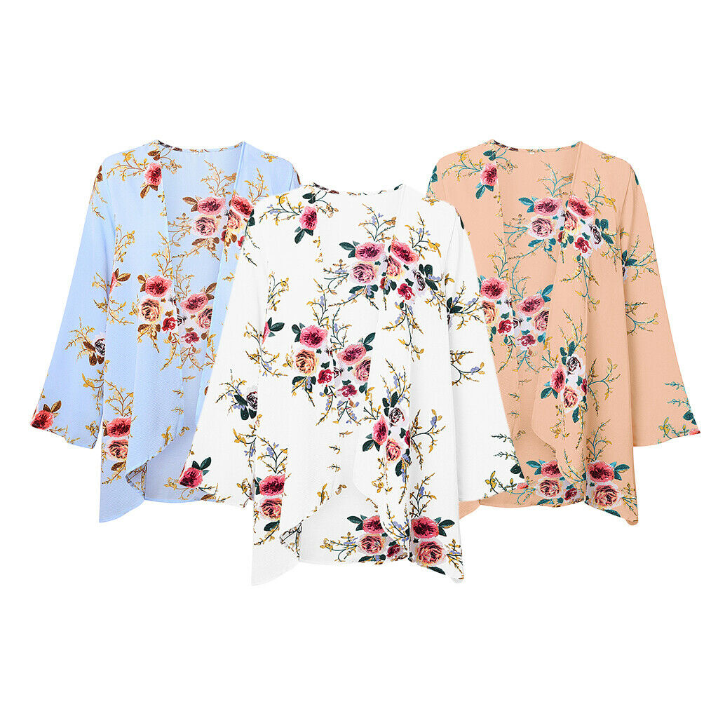 Women's Casual Floral Long Sleeve Chiffon Kimono Shawl Blouse Tops Blue M