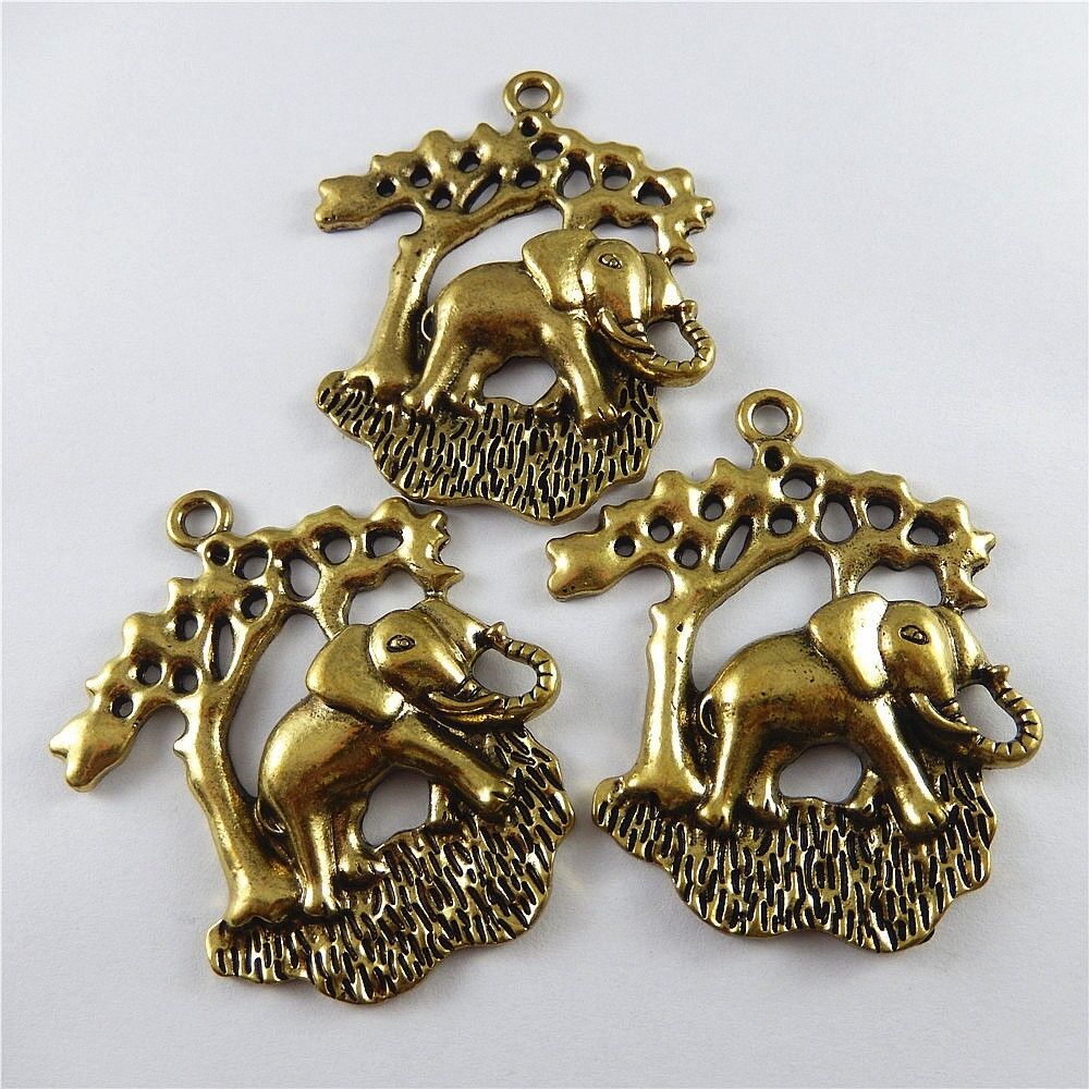 3 pcs Antiqued Bronze Pendant Charm Elephant Under Tree Alloy Crafts 58*54*8mm