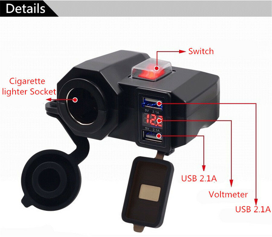 12-24V Motorcycle/Scooter/ATV Dual USB Power Port Charger Blue LED + Voltmeter