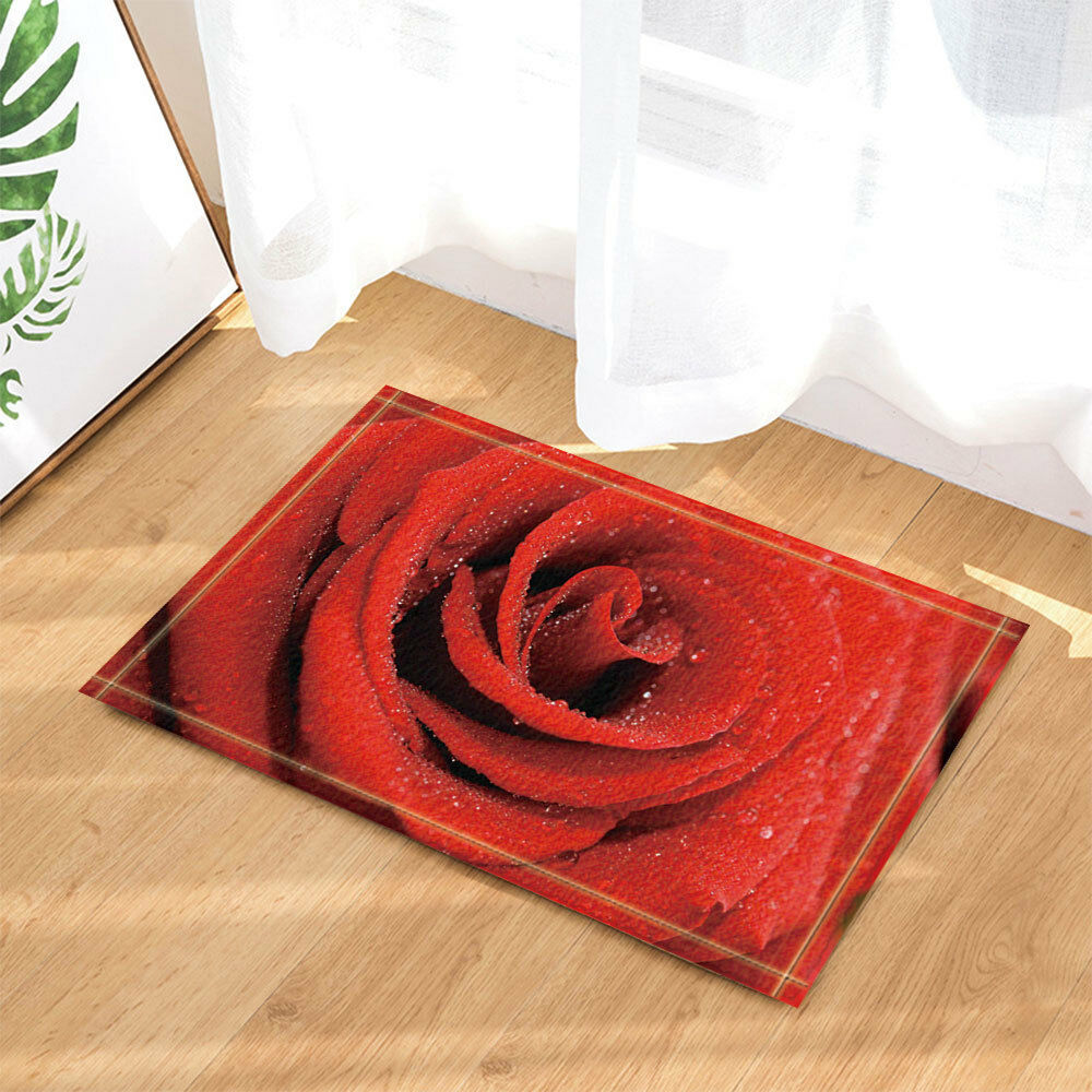 Red Roses and Dew Bathroom Rug Non-Slip Floor Indoor Front Door Mat 16x24"
