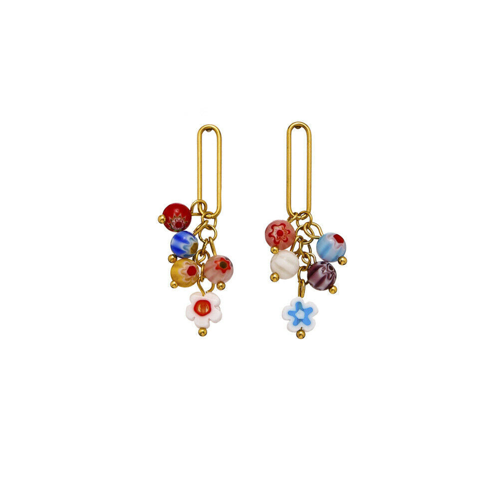 Bohemian Round Bead Stainless Steel Earring Big Bead Flower Drop Dangle For Girl
