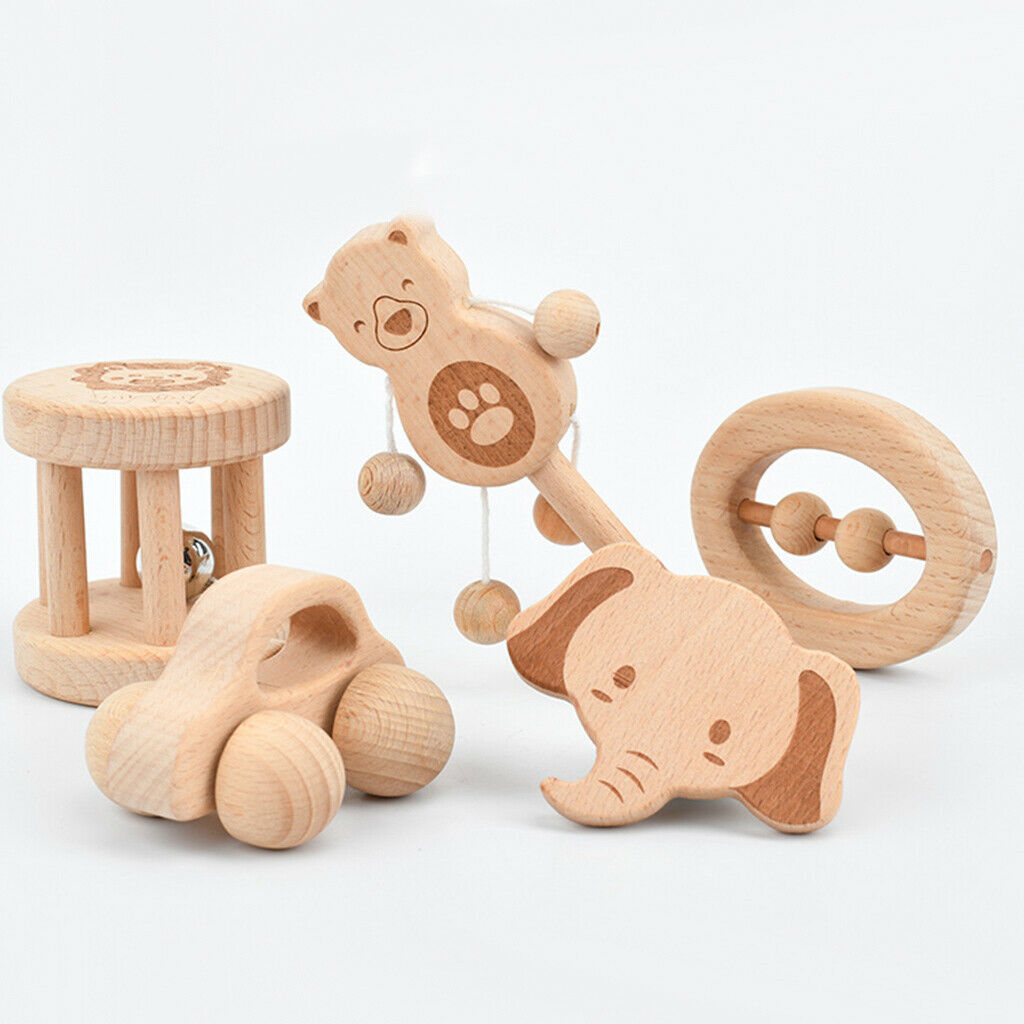 5pcs Wooden Rattle with Bell Fine Motor Learning Play Gym Educational Toys