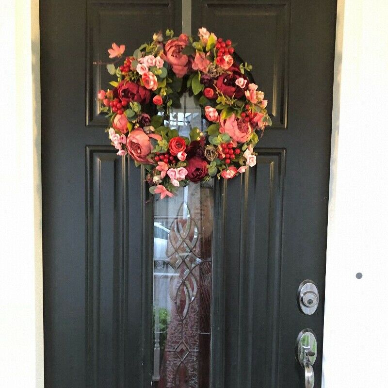 Decorative Door Wreath,Silk Flower Peony Head Flower Wreath 40cm Handmade GarlP3
