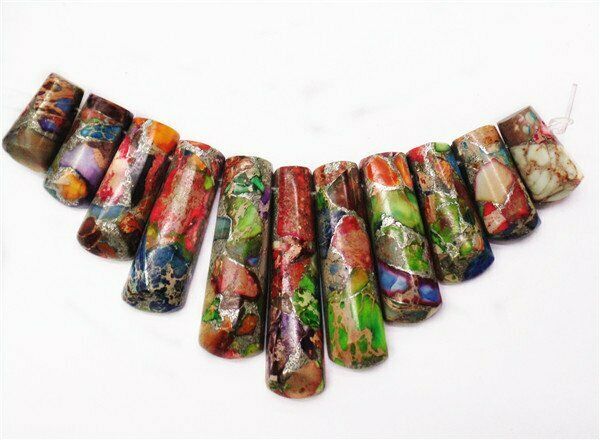 11Pcs/set Multicolor Sea Sediment Jasper & Pyrite Trapezoid Pendant Bead HH7466