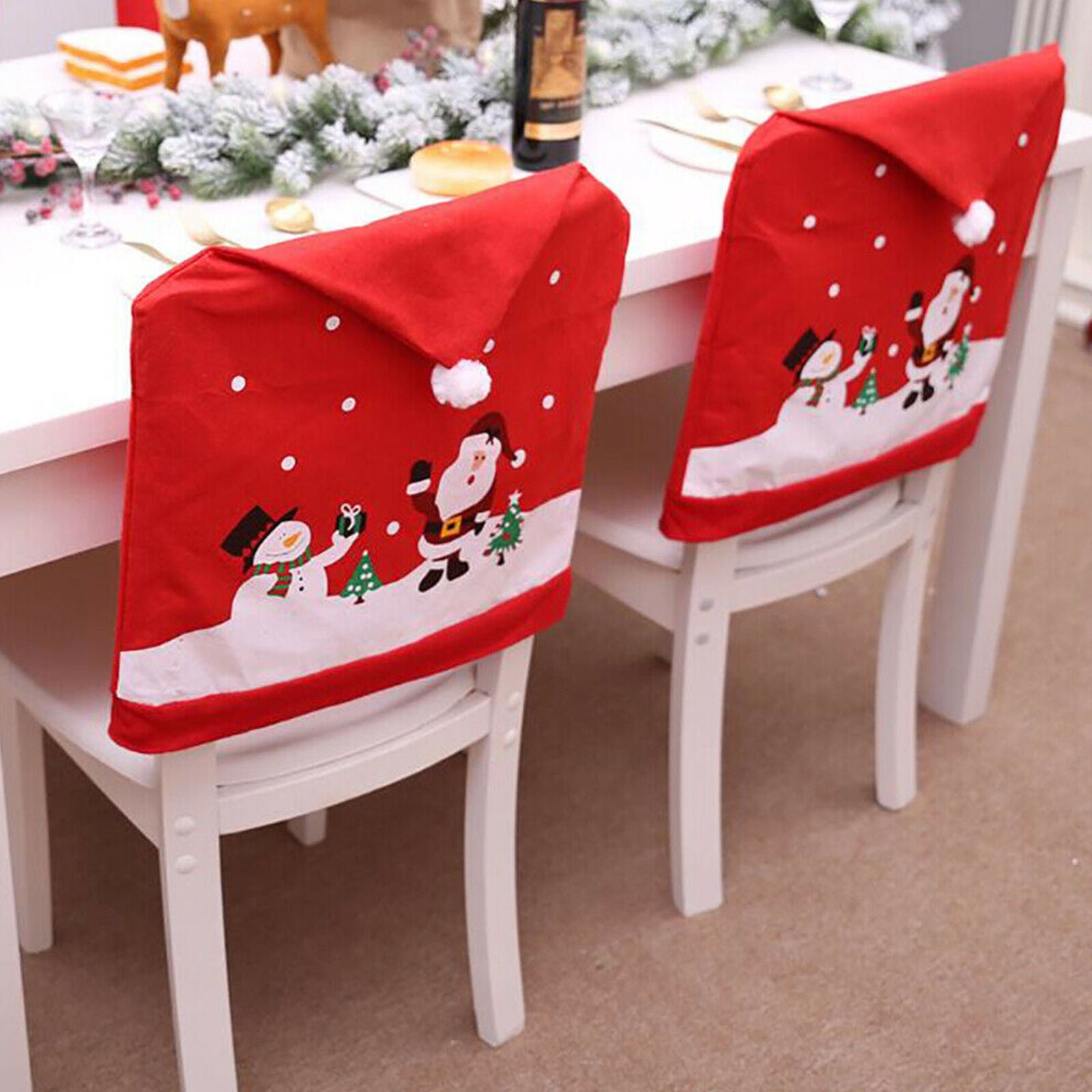 4x Christmas Decor Chair Covers Dining Seat Cover Santa Claus Home Party Decor