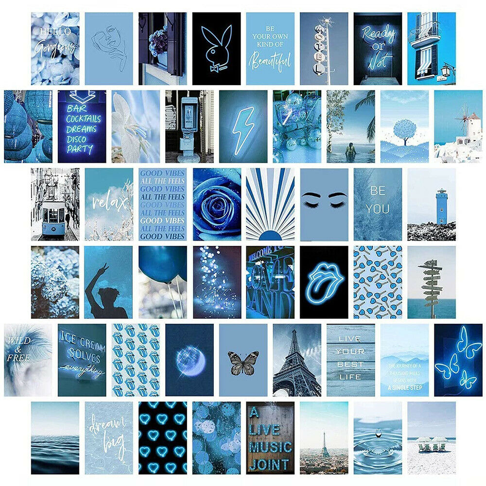 50Pcs Blue Wall Collage Kits Aesthetic Picture Graffiti Poster Bedroom Art Decor