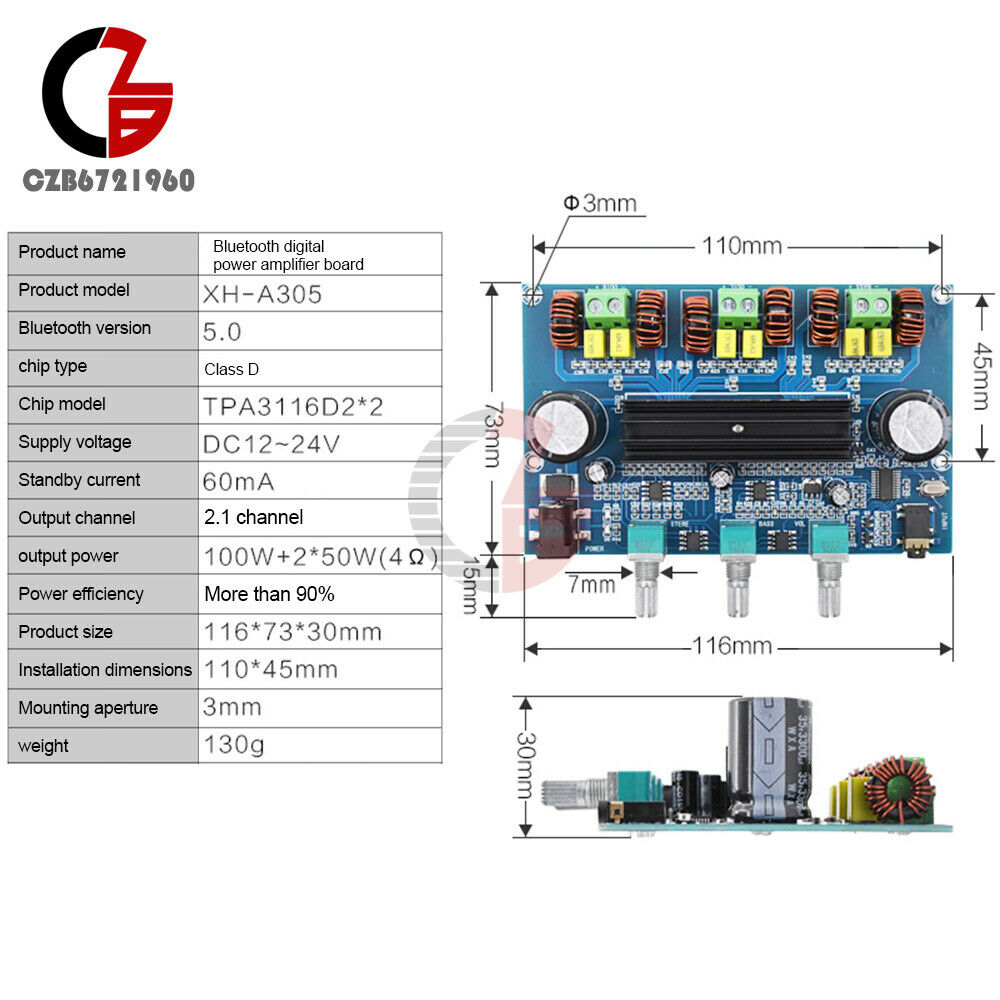 TPA3116D2 Bluetooth 5.0 Digital Power Amplifier Board 2.1 Channel 2*50W+100W New