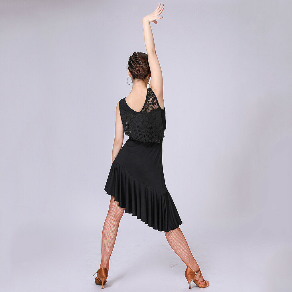 Latin Tassel Dance Dress Fringe Stage Performance Costume Dancewear L Black