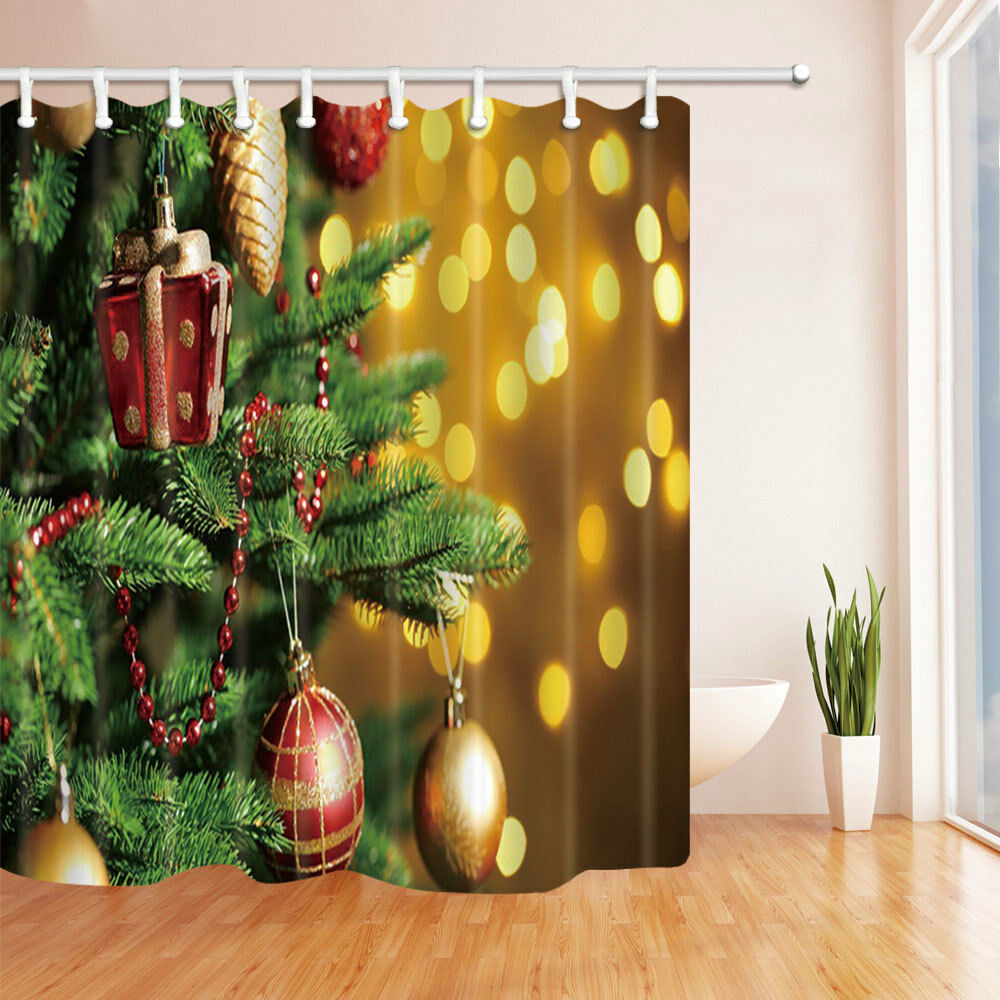 3Xmas Balls Hanging On Fir Star Waterproof Fabric Bathroom Shower Curtain 71Inch
