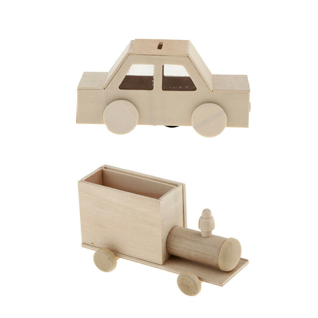 2Pcs Wooden Train/Car/House/Photo Frame Shapes Unfinished Wood Pen Holder Kids