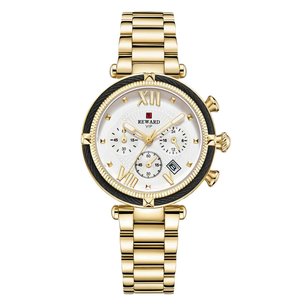Women Chronograph Quartz Movement Watch Wristwatch Jewelry Golden