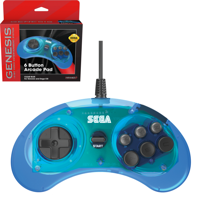 New Retro-Bit Official Sega Genesis Controller 6-Button Arcade Pad - CLEAR BLUE