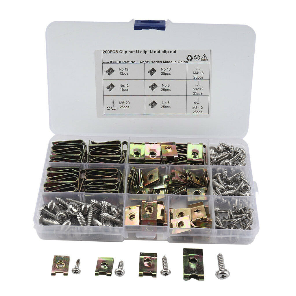 200x Assorted Spire Clips U Nuts Fasteners Clips M4x12, M4x16, Clips Set