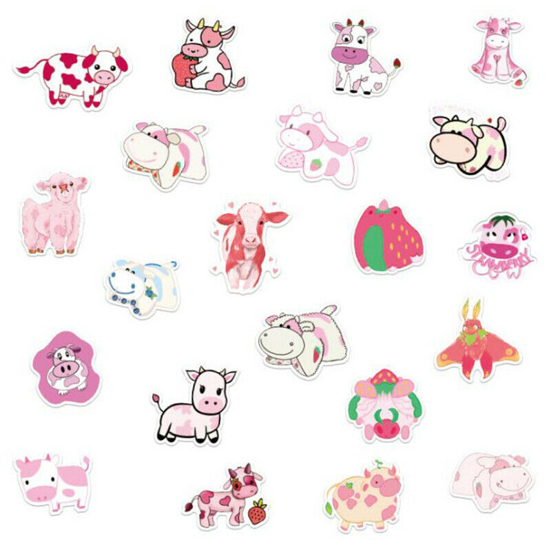 50Pcs Cartoon Pink Strawberry Cow Stickers Laptop Skateboard Luggage StickerBU