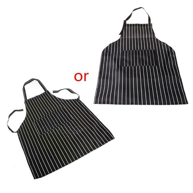 Adjustable Black Stripe Bib Apron Waiter Chef Cook Kitchen Tool with 2 Pockets