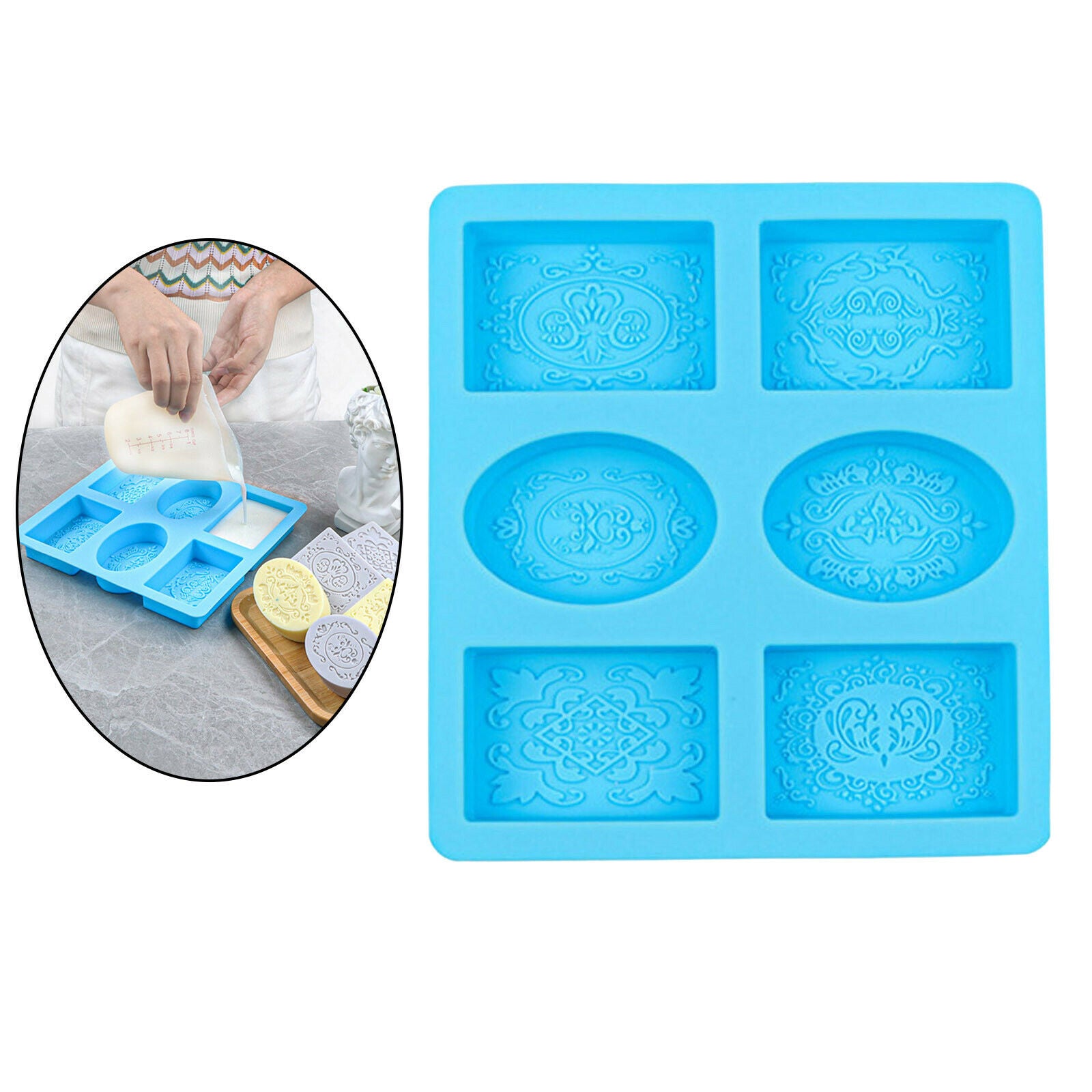 6-Cavity Lace Rectangle & Oval Silicone Soap Bar Molds for Homemade Craft