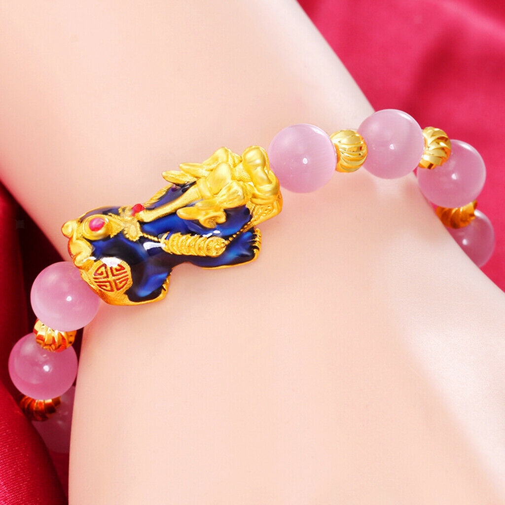 Chinese Feng Shui Obsidian Bead Pixiu Charms Bracelet Jewelry Pink