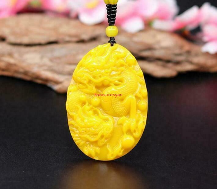 Yellow Jade Dragon Pendant Necklace Natural Jewelry Amulet Jadeite Carved Gifts