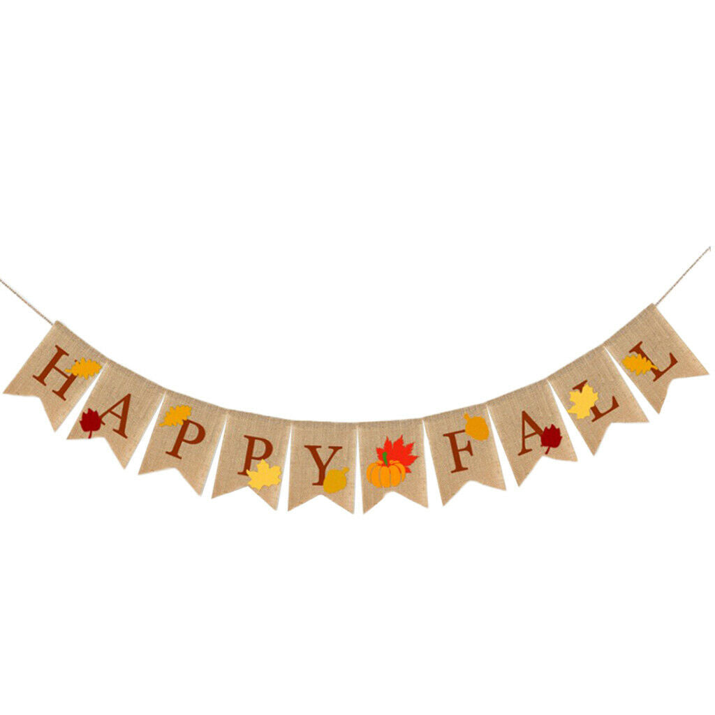 Rustic Happy Fall Burlap Banner Leaf Bunting Harvest Hanging Mantel Party