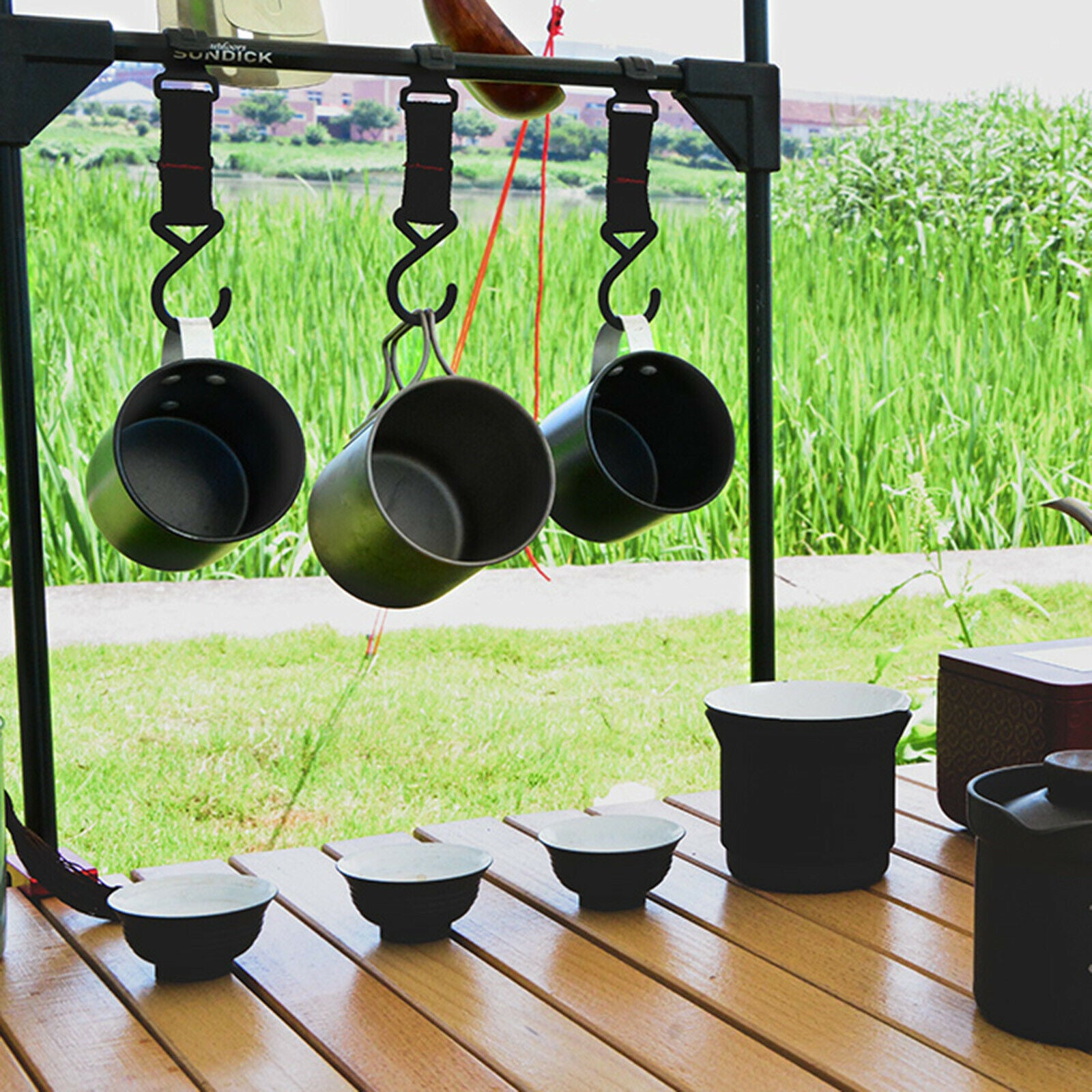 Portable Foldable Desktop Storage Rack Hanging Shelf BBQ Pot Pan Organizer