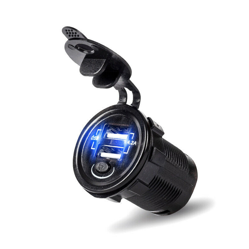 12V-24V Car ATV UTV Phone Charger Dual USB +2.1A Power Socket Blue LED w/ Switch