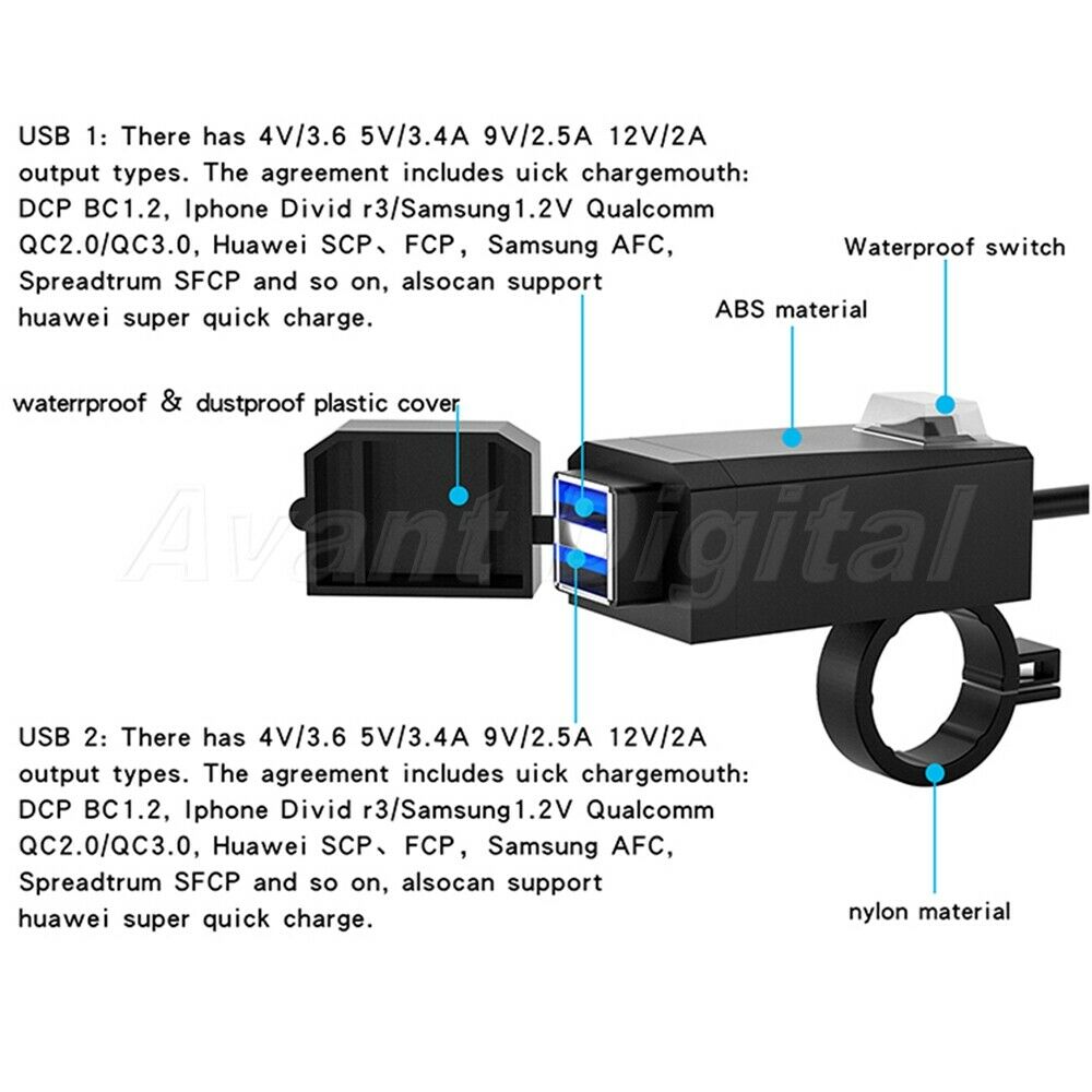 12V Motorcycle Dual 3.0 USB Quick Charger Universal Motorbike Power Supply Adapt