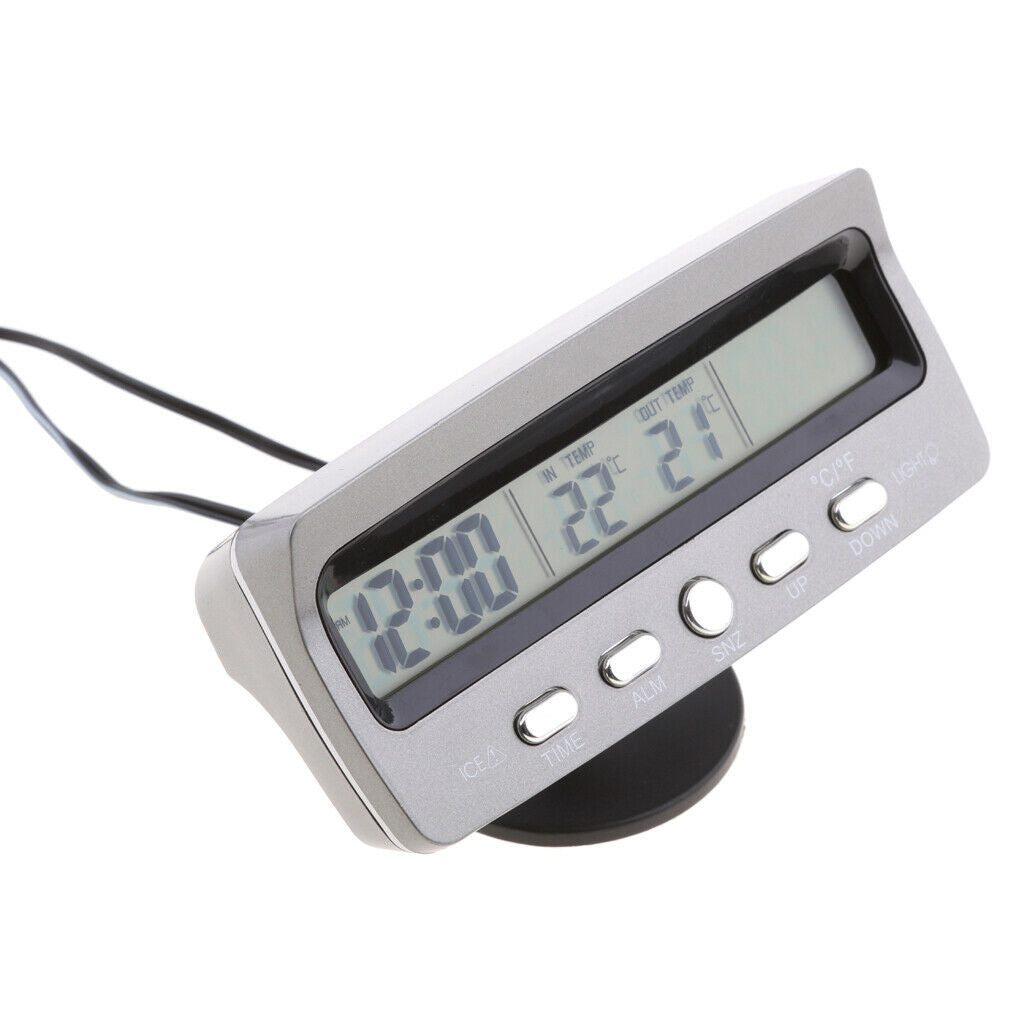 Digital 12V Car Voltmeter Voltage Monitor Alarm Clock With Inside/Outside