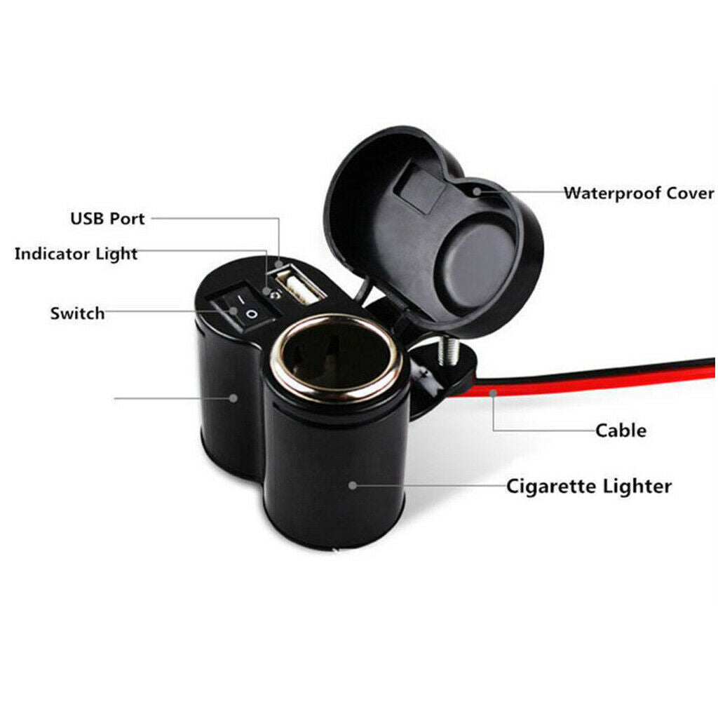 DC 12V USB Cigarette Lighter Power Outlet Cable Kit For Motorcycle Auto