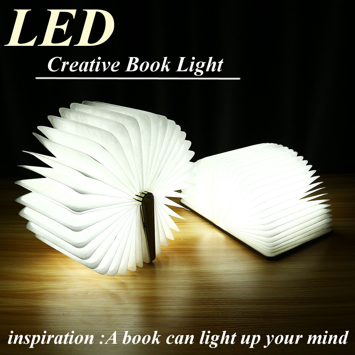 Home Decor Wooden Cover Folding Book LED Lamp USB Rechargeable Desk Night Light