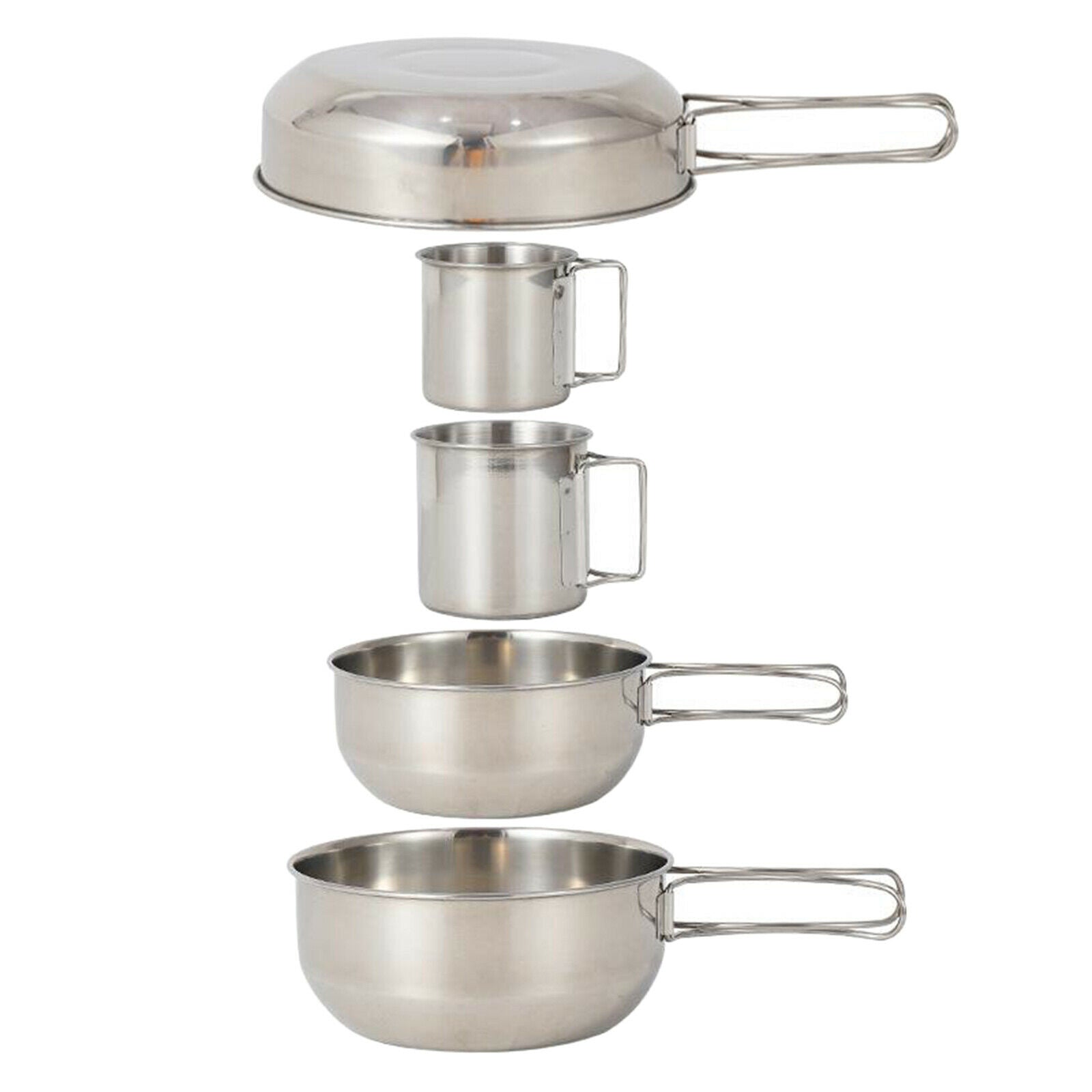 5Pcs Stainless Steel Tableware Mess Kit Includes Drink Cup & Bowl & Pan Pot for